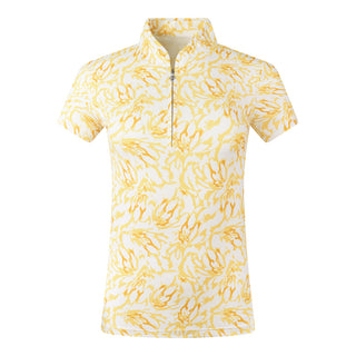 The Pure Golf Ellen short-sleeve ladies' polo shirt product shot features a front view showcasing the sunkissed print and honey hues.  Designed with a regular fit, it offers a 4-way stretch for comfort and a flattering shape on all body types. The stylish sweetheart collar adds a fashionable touch. This polo is made from 95% Polyester and 5% Spandex, offering anti-crease, anti-static, and quick-dry properties, along with UPF 50+ sun protection.