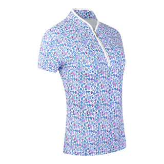 The Pure Golf Ellen short-sleeve ladies' polo shirt product shot slight side view showcasing our Over Eighteen Print featuring cocktail motifs in a subtle scale. Designed with a regular fit, it offers a 4-way stretch for comfort and a flattering shape on all body types. The stylish sweetheart collar adds a fashionable touch. This polo is made from 95% Polyester and 5% Spandex, offering anti-crease, anti-static, and quick-dry properties, along with UPF 50+ sun protection.