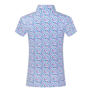 The Pure Golf Ellen short-sleeve ladies' polo shirt product shotfrom the back showcasing our Over Eighteen Print featuring cocktail motifs in a subtle scale. Designed with a regular fit, it offers a 4-way stretch for comfort and a flattering shape on all body types. The stylish sweetheart collar adds a fashionable touch. This polo is made from 95% Polyester and 5% Spandex, offering anti-crease, anti-static, and quick-dry properties, along with UPF 50+ sun protection.