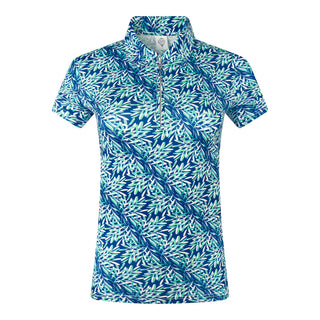 The product front shot of the Pure Golf Serendipity Mesh Short Sleeve Polo Shirt in Floating Palms-Yale print showcases a summery aquatic essence of multi-blue tones. The breathable mesh fabric, ensures optimal airflow, keeping you cool on the course. Offering a 4-way stretch for comfort and a flattering shape on all body types. The stylish traditional collar adds a classic look. This polo is made from 95% Polyester and 5% Spandex, offering anti-crease, anti-static, and quick-dry properties. 