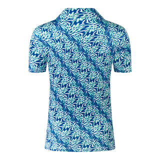 The back product view of the Pure Golf Serendipity Mesh Short Sleeve Polo for women in the Floating Palms-Yale print highlights a summery aquatic feel with its blend of multi-blue hues. The breathable mesh fabric ensures optimal airflow to keep you cool on the course, while the 4-way stretch provides comfort for all body types. The traditional collar adds a timeless touch. Made from 95% Polyester and 5% Spandex, this polo also offers anti-crease, anti-static, and quick-dry properties.