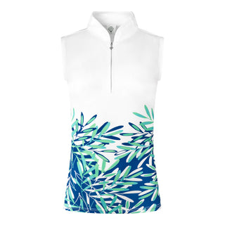 The Pure Golf Carly Sleeveless ladies' golf polo shirt product shot features a chic white collar that extends to under the chest, and a vibrant print of aquatic elements at the bottom in multi-blue tones. Designed with a regular fit, it offers a 4-way stretch for comfort and is flattering on all body types. The stylish Mandarin collar adds a fashionable touch. This polo is made from 95% Polyester and 5% Spandex, offering anti-crease, anti-static, and quick-dry properties, along with UPF 50+ sun protection. 