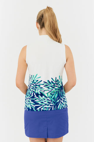 The close up back model shot of the Pure Golf Carly Sleeveless Ladies' Golf Polo Shirt has a chic white collar that extends beneath the chest, paired with a vibrant print of aquatic elements at the bottom in multi-blue tones. Designed with a regular fit, it offers a 4-way stretch for comfort and a flattering shape on all body types. The stylish Mandarin collar adds a fashionable touch. Made from 95% Polyester and 5% Spandex, anti-crease, anti-static, and quick-dry properties, along with UPF 50+ 