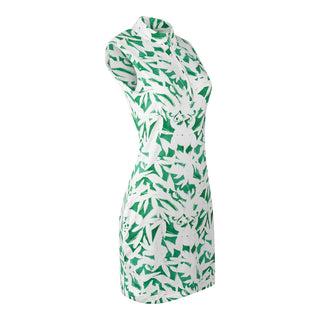 The Pure Golf product side shot of the Wild Peony Emerald Miley Sleeveless dress features our botanical print.  Made in 4-way stretch material for maximum flexibility and unrestricted movement with detachable shorts for versatility and coverage. The mock neck collar offers a sleek, modern look and is a flattering fit on all body types. Designed to be anti-crease, anti-static, and quick drying. It provides UPF 50+, 95% Polyester and 5% Spandex.