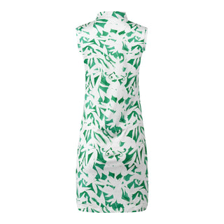 The Pure Golf product shot of the Wild Peony Emerald Miley Sleeveless dress from the back features our botanical print.  Made in 4-way stretch material for maximum flexibility and unrestricted movement with detachable shorts for versatility and coverage. The mock neck collar offers a sleek, modern look and is a flattering fit on all body types. Designed to be anti-crease, anti-static, and quick drying. It provides UPF 50+, 95% Polyester and 5% Spandex.