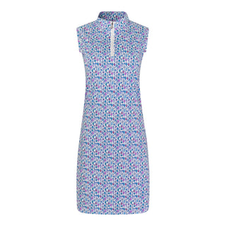 The Pure Golf product shot of the Miley Sleeveless dress features our “Over Eighteen” print of cocktail motifs in a subtle scale and a mixture of blues, lilac and pinks. Made in 4-way stretch material for maximum flexibility and unrestricted movement with detachable shorts for versatility and coverage. The mock neck collar offers a sleek, modern look and is a flattering fit on all body types. Designed to be anti-crease, anti-static, and quick drying. It provides UPF 50+, 95% Polyester and 5% Spandex.