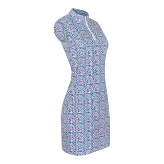 The Pure Golf product shot side view of the Miley Sleeveless dress features our “Over Eighteen” print of cocktail motifs in a subtle scale and a mixture of blues and pinks. Made in 4-way stretch material for maximum flexibility and unrestricted movement with detachable shorts for versatility and coverage. The mock neck collar offers a sleek, modern look and is a flattering fit on all body types. Designed to be anti-crease, anti-static, and quick drying. It provides UPF 50+, 95% Polyester and 5% Spandex.