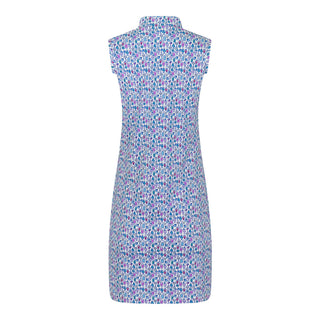 The Pure Golf product shot from the back of the Miley Sleeveless dress features our “Over Eighteen” print of cocktail motifs in a subtle scale and a mixture of blues and pinks. Made in 4-way stretch material for maximum flexibility and unrestricted movement with detachable shorts for versatility and coverage. The mock neck collar offers a sleek, modern look and is a flattering fit on all body types. Designed to be anti-crease, anti-static, and quick drying. It provides UPF 50+, 95% Polyester and 5% Spandex.