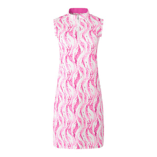 The Pure Golf product shot of the Rosewater Miley Sleeveless dress features our gentle pink petals print. Made in 4-way stretch material for maximum flexibility and unrestricted movement with detachable shorts for versatility and coverage. The mock neck collar offers a sleek, modern look and is a flattering fit on all body types. Designed to be anti-crease, anti-static, and quick drying. It provides UPF 50+, 95% Polyester and 5% Spandex.