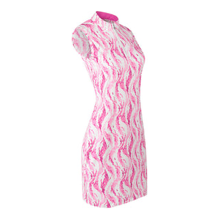 The Pure Golf side model shot of the Rosewater Miley Sleeveless dress features our gentle pink petals print. Made in 4-way stretch material for maximum flexibility and unrestricted movement with detachable shorts for versatility and coverage. The mock neck collar offers a sleek, modern look and is a flattering fit on all body types. Designed to be anti-crease, anti-static, and quick drying. It provides UPF 50+, 95% Polyester and 5% Spandex.