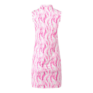 The Pure Golf product shot showing the back of the Rosewater Miley Sleeveless dress from the back features our gentle pink petals print. Made in 4-way stretch material for maximum flexibility and unrestricted movement with detachable shorts for versatility and coverage. The mock neck collar offers a sleek, modern look and is a flattering fit on all body types. Designed to be anti-crease, anti-static, and quick drying. It provides UPF 50+, 95% Polyester and 5% Spandex.