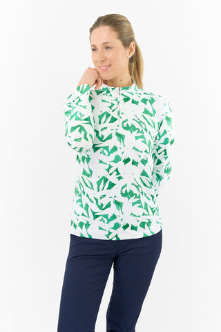 Serenity Long Sleeve Ladies Golf Zip Top - Wild Peony Emerald