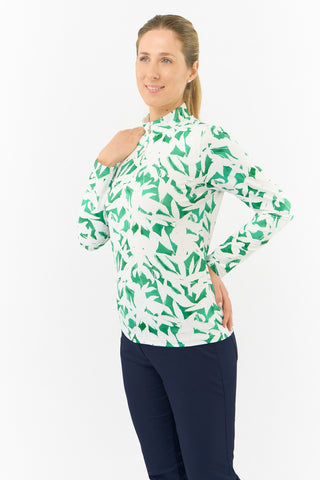 Serenity Long Sleeve Ladies Golf Zip Top - Wild Peony Emerald