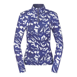 The Pure Golf Serenity long-sleeve ladies' golf zip top product shot showcasing a front view of our botanical print in Wild Peony Navy. Designed with a regular fit, it offers a 4-way stretch for comfort and a flattering shape on all body types. The mock neck collar offers a sleek, modern look and extra coverage. Made from 95% Polyester and 5% Spandex, offering anti-crease, anti-static, and quick-dry properties, along with UPF 50+ sun protection.