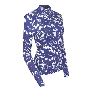 The Pure Golf Serenity long-sleeve ladies' golf zip top product shot showcasing a side view of our botanical print in Wild Peony Navy. Designed with a regular fit, it offers a 4-way stretch for comfort and a flattering shape on all body types. The mock neck collar offers a sleek, modern look and extra coverage. Made from 95% Polyester and 5% Spandex, offering anti-crease, anti-static, and quick-dry properties, along with UPF 50+ sun protection.