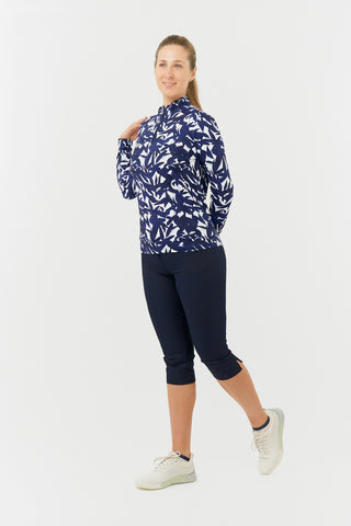 Serenity Long Sleeve Ladies Golf Zip Top - Wild Peony Navy