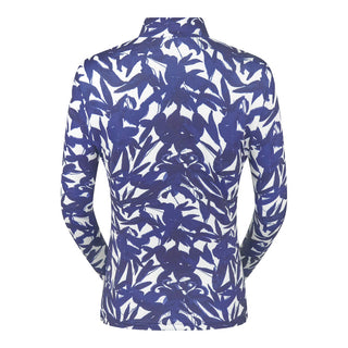 The Pure Golf Serenity long-sleeve ladies' golf zip top product shot showcasing a back view of our botanical print in Wild Peony Navy. Designed with a regular fit, it offers a 4-way stretch for comfort and a flattering shape on all body types. The mock neck collar offers a sleek, modern look and extra coverage. Made from 95% Polyester and 5% Spandex, offering anti-crease, anti-static, and quick-dry properties, along with UPF 50+ sun protection.