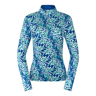 The Pure Golf Serenity long-sleeve ladies' golf zip top product shot features a calming aquatic design in multi-blue and ocean tones, with a print of floating palms. Crafted with a regular fit, it offers 4-way stretch for comfort and a flattering shape on all body types. The mock neck collar provides a sleek, modern look while offering extra coverage. Made from 95% Polyester and 5% Spandex, the top boasts anti-crease, anti-static, and quick-dry properties, along with UPF 50+ sun protection.