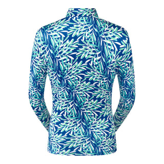 The Pure Golf Serenity long-sleeve ladies' golf zip top back product shot showcases a soothing aquatic design in multi-blue and ocean tones, featuring a floating palms print. Designed with a regular fit, it offers 4-way stretch for comfort and a flattering shape on all body types. The mock neck collar adds a sleek, touch. Made from 95% Polyester and 5% Spandex, the top has anti-crease, anti-static, and quick-dry properties, along with UPF 50+ sun protection.  