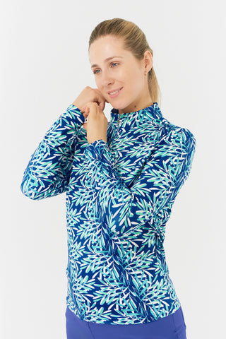 Serenity Ladies Golf Long Sleeve Zip Top - Floating Palms Navy Yale