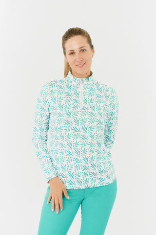 Serenity Long Sleeve Ladies Golf Zip Top - Floating Palms White