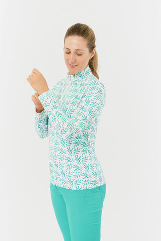 Serenity Long Sleeve Ladies Golf Zip Top - Floating Palms White