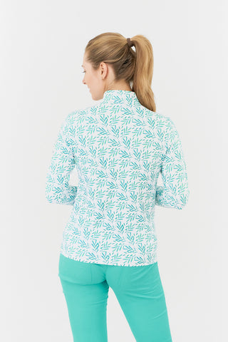 Serenity Long Sleeve Ladies Golf Zip Top - Floating Palms White