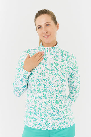 Serenity Long Sleeve Ladies Golf Zip Top - Floating Palms White