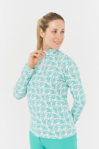 Serenity Long Sleeve Ladies Golf Zip Top - Floating Palms White