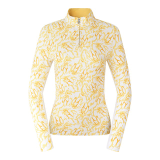 A product shot of the Pure Golf Balance Sun Kissed long sleeve ladies' golf mid zip top in our Ray Flower collection features a print of honey hues. A Regular fit and 4-way stretch ensures comfort and a flattering shape for all body types. The mock neck collar offers a sleek look and mesh white sleeve panels enhances breathability. Crafted from 95% polyester and 5% spandex, it offers anti-crease, anti-static, and quick-dry properties, along with UPF 50+ protection. 