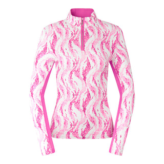 The Pure Golf Balance long-sleeve ladies' golf zip top in Rose Water, shown in a front product shot, features layers of delicate petals in varying shades of pink. Designed with a regular fit, it offers 4-way stretch for superior comfort and flexibility on all body types. The mock neck collar adds a sleek look, while the mesh sleeve panels enhance breathability. Made from 95% Polyester and 5% Spandex, the top is anti-crease, anti-static, quick-drying, and provides UPF 50+ sun protection.