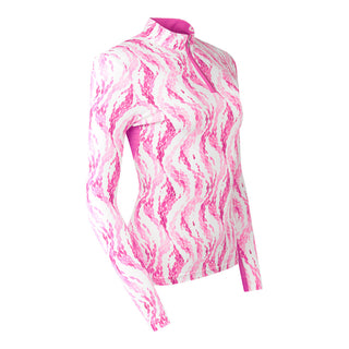 The Pure Golf Balance long-sleeve ladies' golf zip top in Rose Water, featured in a side product shot, showcases layers of delicate petals  shades of pink. Designed with a regular fit, it offers 4-way stretch for comfort and flexibility on all body types. The mock neck collar adds a sleek touch, while the mesh sleeve panels enhance breathability. Made from 95% Polyester and 5% Spandex, the top is anti-crease, anti-static, quick-drying, and provides UPF 50+ sun protection. 