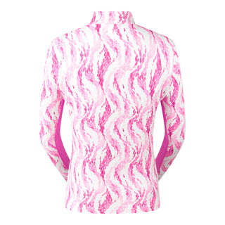 The Pure Golf Balance long-sleeve ladies' golf zip top in Rose Water, shown in a back product shot, features layers of delicate petals in varying shades of pink. Designed with a regular fit, it offers 4-way stretch for superior comfort and flexibility on all body types. The mock neck collar adds a sleek look, while the mesh sleeve panels enhance breathability. Made from 95% Polyester and 5% Spandex, the top is anti-crease, anti-static, quick-drying, and provides UPF 50+ sun protection.