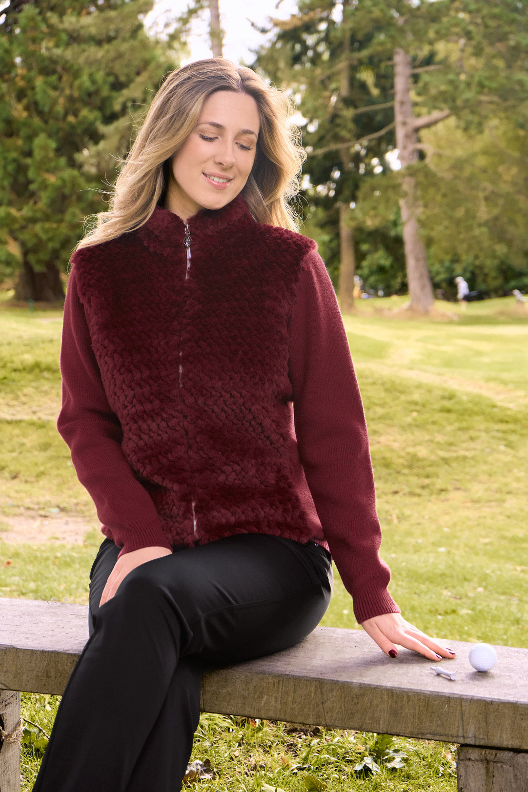 Pure Golf Ladies Ellisa Faux Fur Front Full Zip Cardigan - Merlot