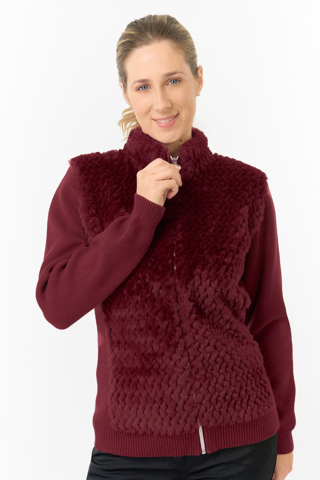 Pure Golf Ladies Ellisa Faux Fur Front Full Zip Cardigan - Merlot