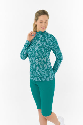 Serenity Long Sleeve Ladies Golf Zip Top - Teal Frondescence