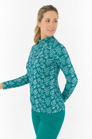 Serenity Long Sleeve Ladies Golf Zip Top - Teal Frondescence
