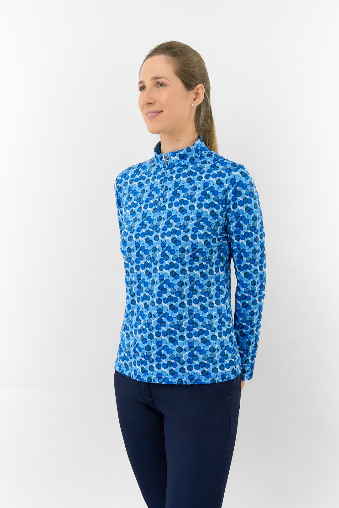 Serenity Long Sleeve Ladies Golf Zip Top - Blueberry Bokeh
