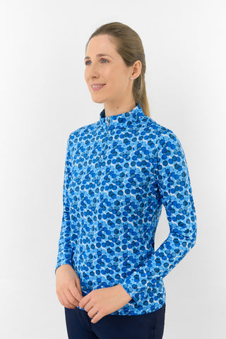 Serenity Long Sleeve Ladies Golf Zip Top - Blueberry Bokeh