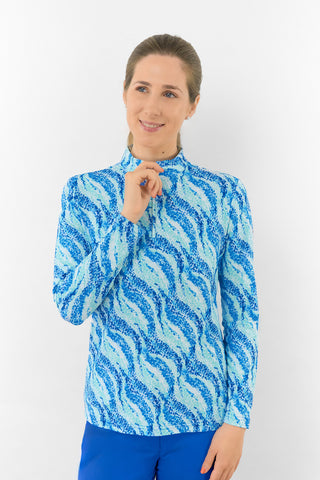 Serenity Long Sleeve Ladies Golf Zip Top - Marine Mosaic