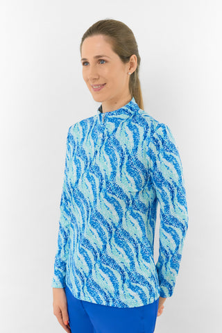 Serenity Long Sleeve Ladies Golf Zip Top - Marine Mosaic