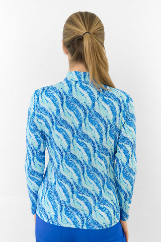 Serenity Long Sleeve Ladies Golf Zip Top - Marine Mosaic