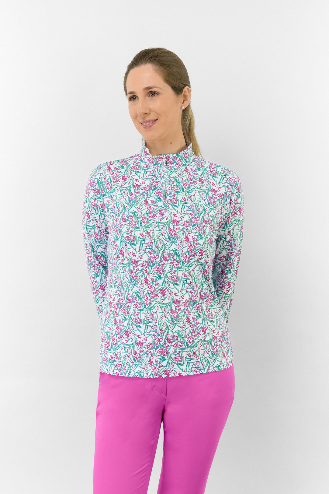 Serenity Long Sleeve Ladies Golf Zip Top - Fuchsia Mimosa