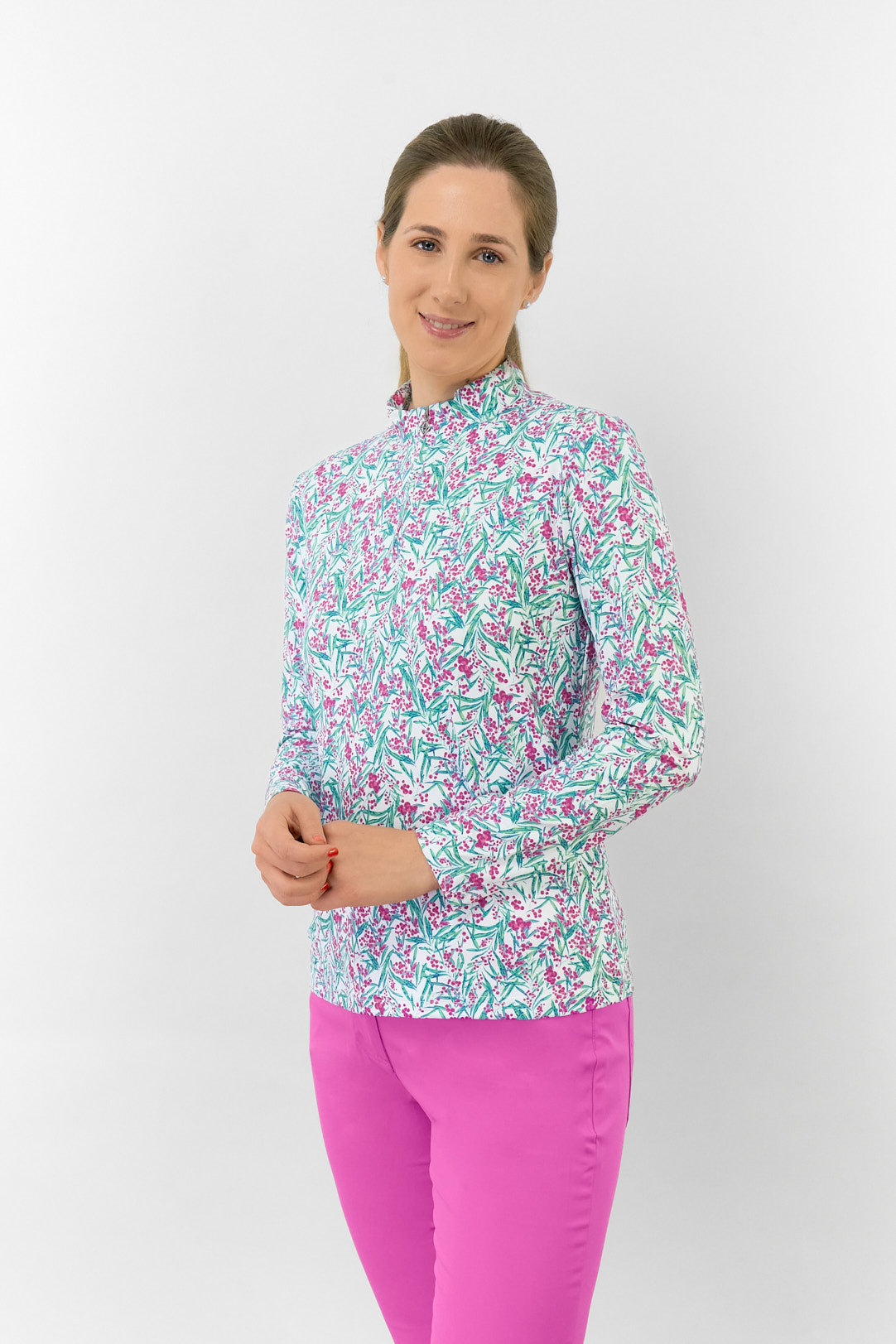 Serenity Long Sleeve Ladies Golf Zip Top - Fuchsia Mimosa