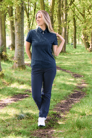 Freya-Jacquard Short Sleeve Ladies Golf Polo Shirt - Navy