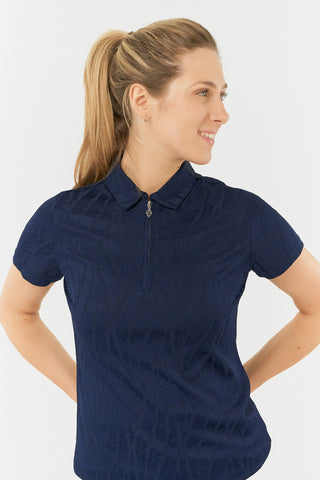 Freya-Jacquard Short Sleeve Ladies Golf Polo Shirt - Navy