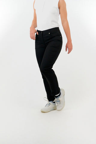 Black ladies golf trousers made from flexible lightweight 4 way stretch material.  Featuring a zip and button fastening with five belt loops, a regular fit with anti-crease and anti-static properties. These women's golf trousers have two open pockets to the front and back. Size 8 to 20.