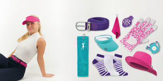 Collection of ladies golf accessories from Surprizeshop featuring stylish golf belts, visors, and women's socks.