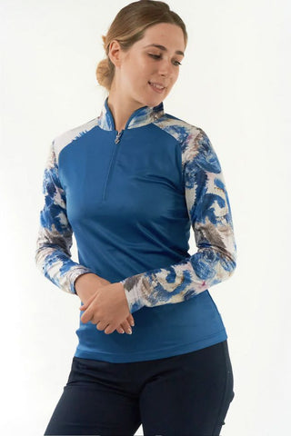 Pure Golf Hazel Long Sleeve Zip Neck Top- Stone Canvas Collection - Vallarta Blue