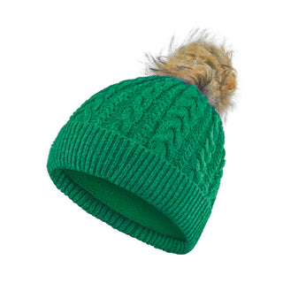 Emerald Green ladies golf hat In an attractive cable knit design. This hat has three layers - an inner waterproof layer plus a soft fleece lining which makes it warm and comfortable. Detachable natural look faux fur bobble.